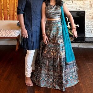 Indian wear Teal colour Lehanga with embroidery and mirror work